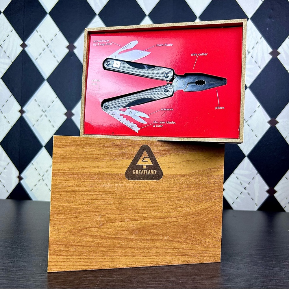 NWT Multi Tool Stainless Steel Pliers Knife Set New in Faux Wood Box Greatland - Picture 5 of 9